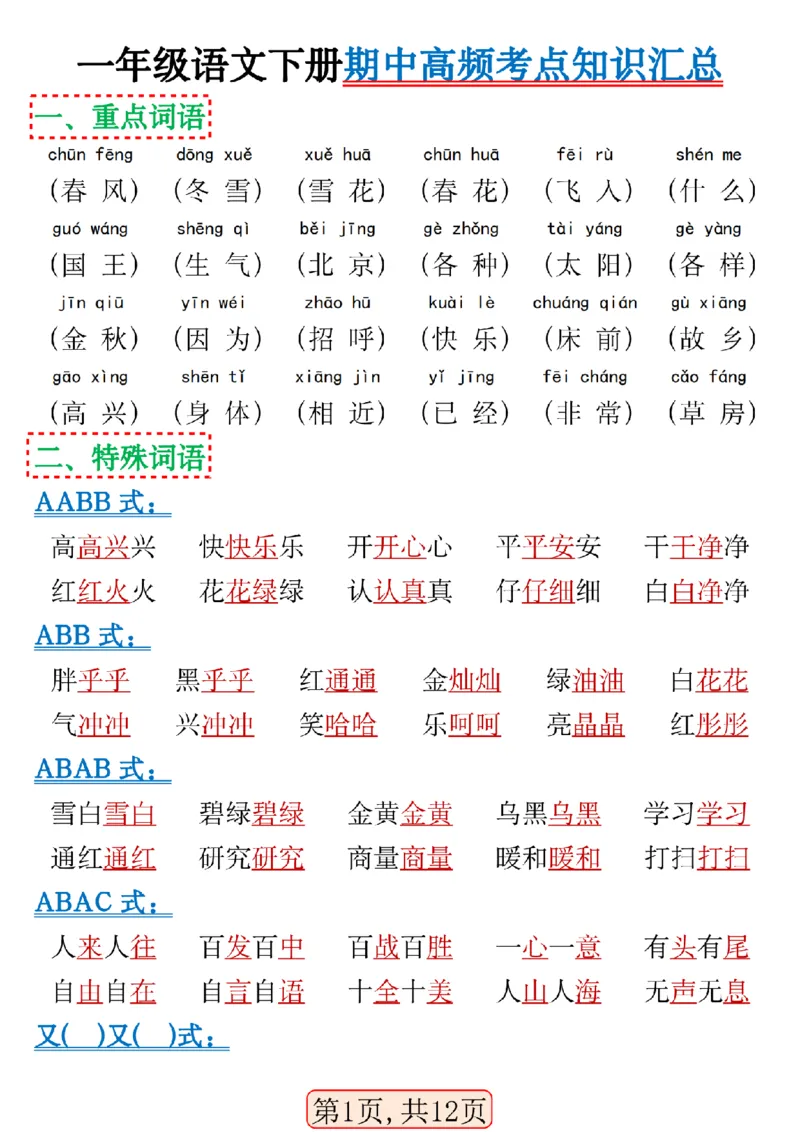 1120一年级语文下册期中高频考点知识汇总(1)_一年级上下册资料_一年级下册小红书同款资料_一下数学