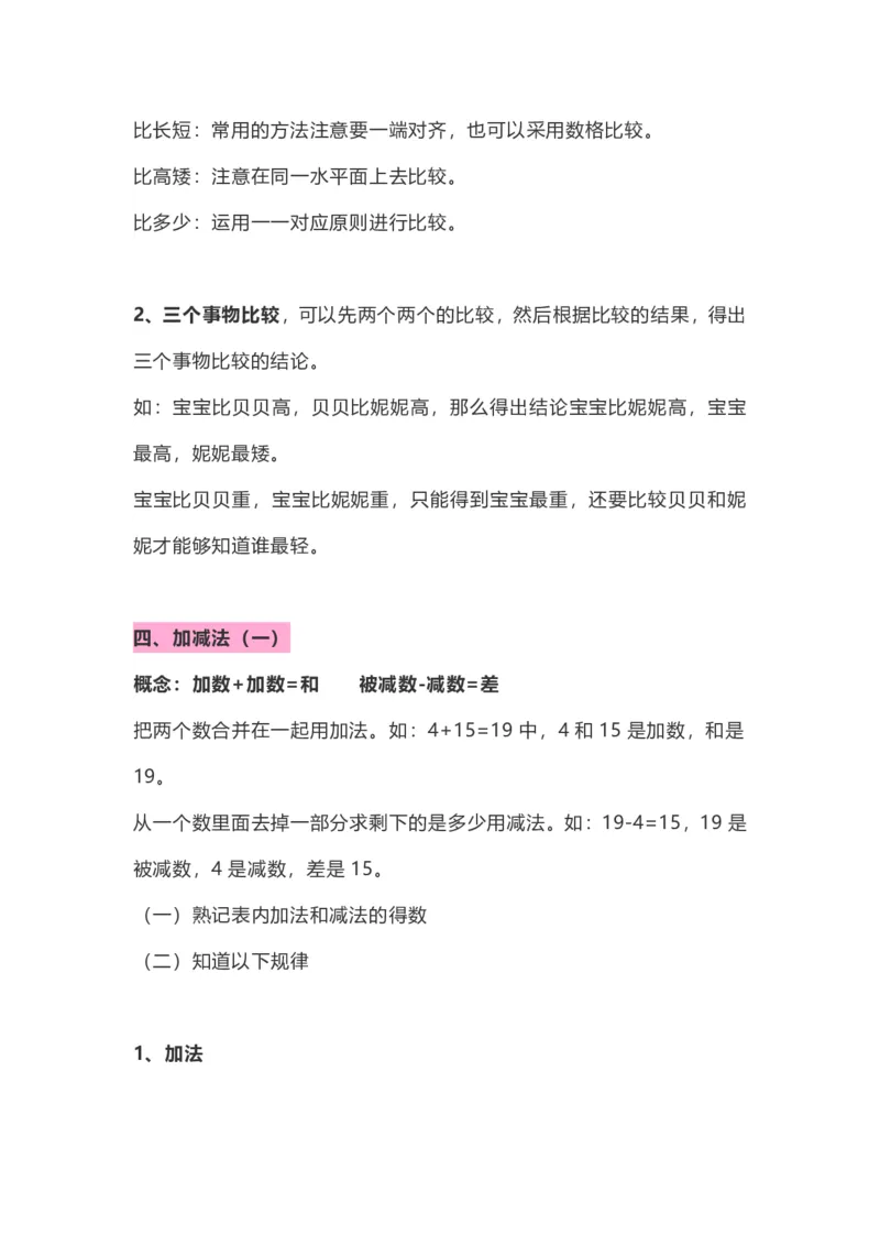 小学一年级数学上册知识点整理_幼小语数英专项资料_幼小数学专项