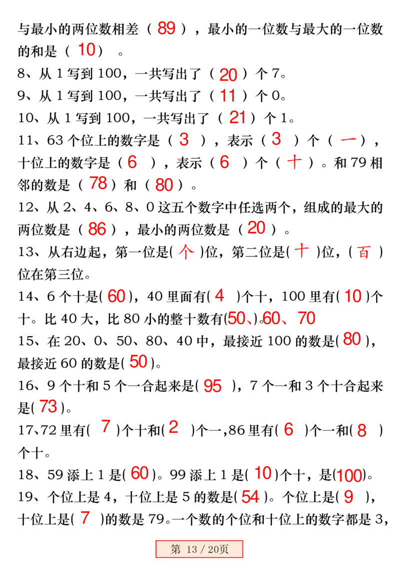 1135一下数学《百数表》易错专项练习强化训练（含答案20页）_一年级上下册资料_一年级下册小红书同款资料_一下数学_25年一下数学资料
