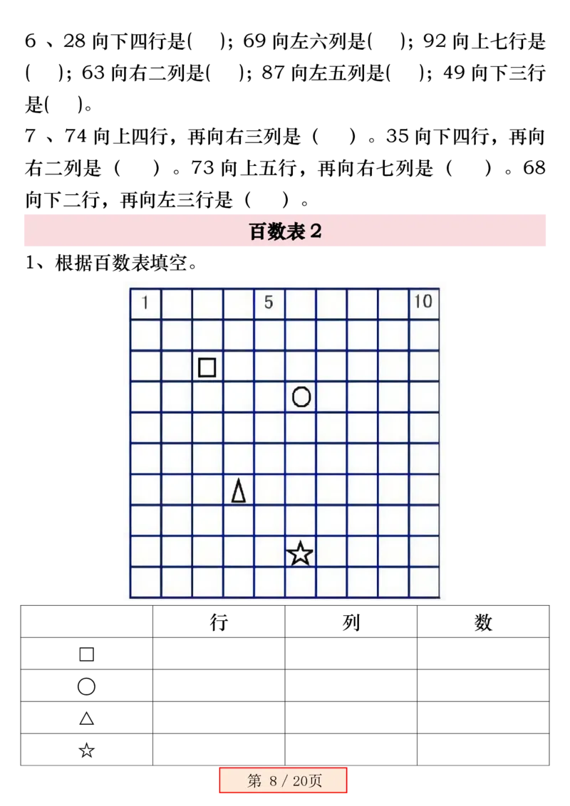 1135一下数学《百数表》易错专项练习强化训练（含答案20页）_一年级上下册资料_一年级下册小红书同款资料_一下数学_25年一下数学资料