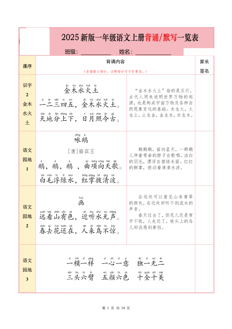 ❤25秋一语上必背内容+默写表2025年9月_1-6语文上必背和默写