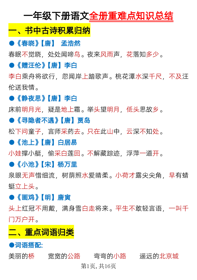 1.24一年级下册语文全册重难点知识总结_一年级上下册资料_小学一年级学习资料-25年更新版_1-02、小学一年级语文下册_3-6-2-1、复习、知识点、归纳汇总_部编（人教）版