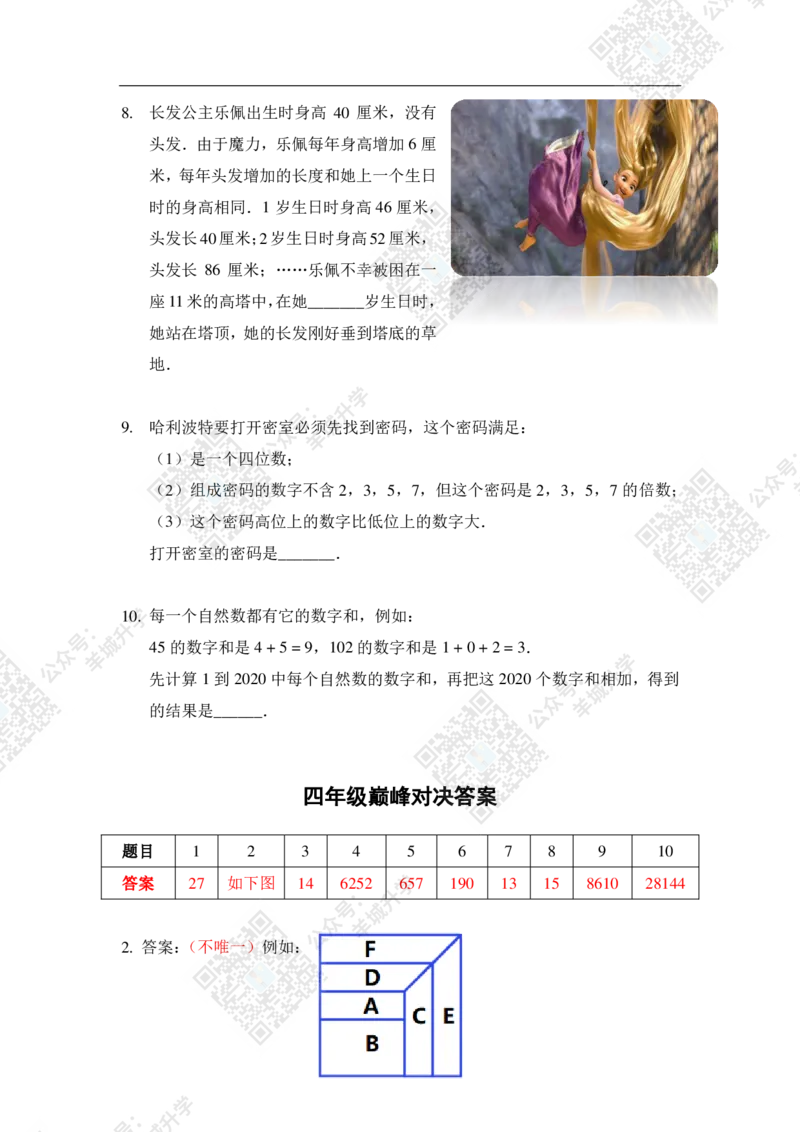 2020夏令营巅峰对决4年级题目及答案_希望杯IHC