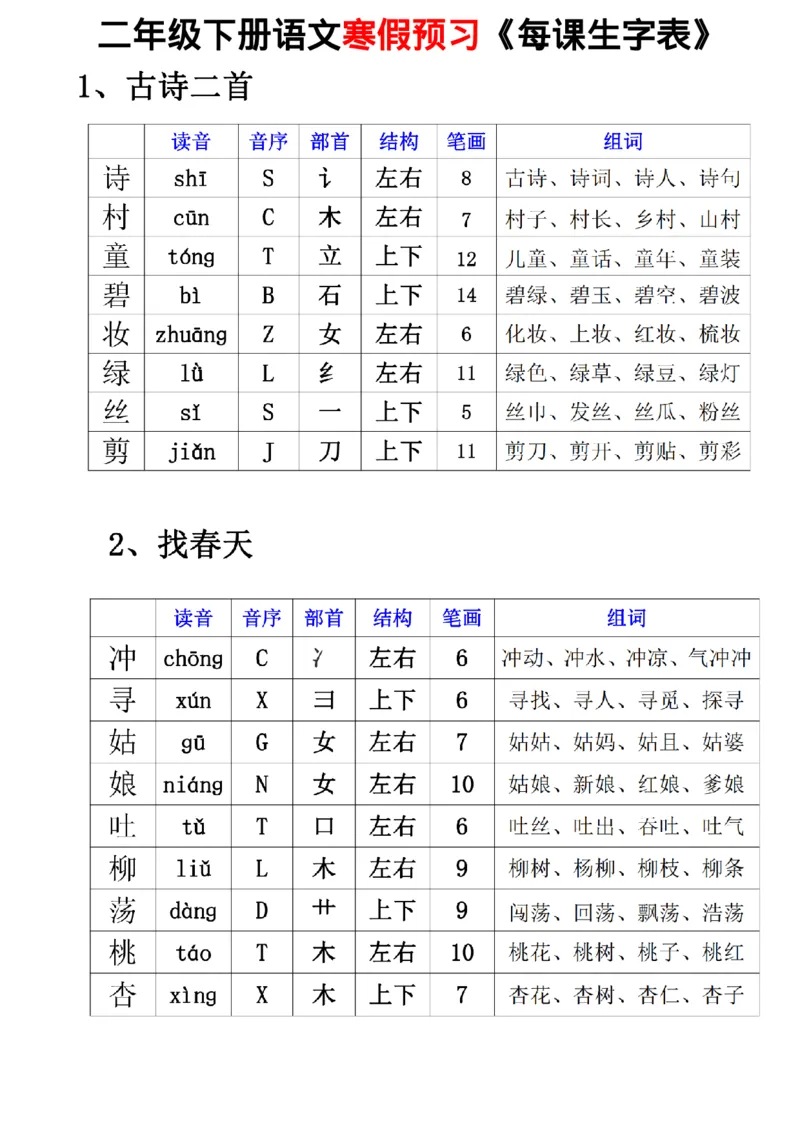 2001二年级下册语文寒假预习《每课生字表》_二年级上下册资料_二年级下册小红书同款资料_二下语文_二下语文