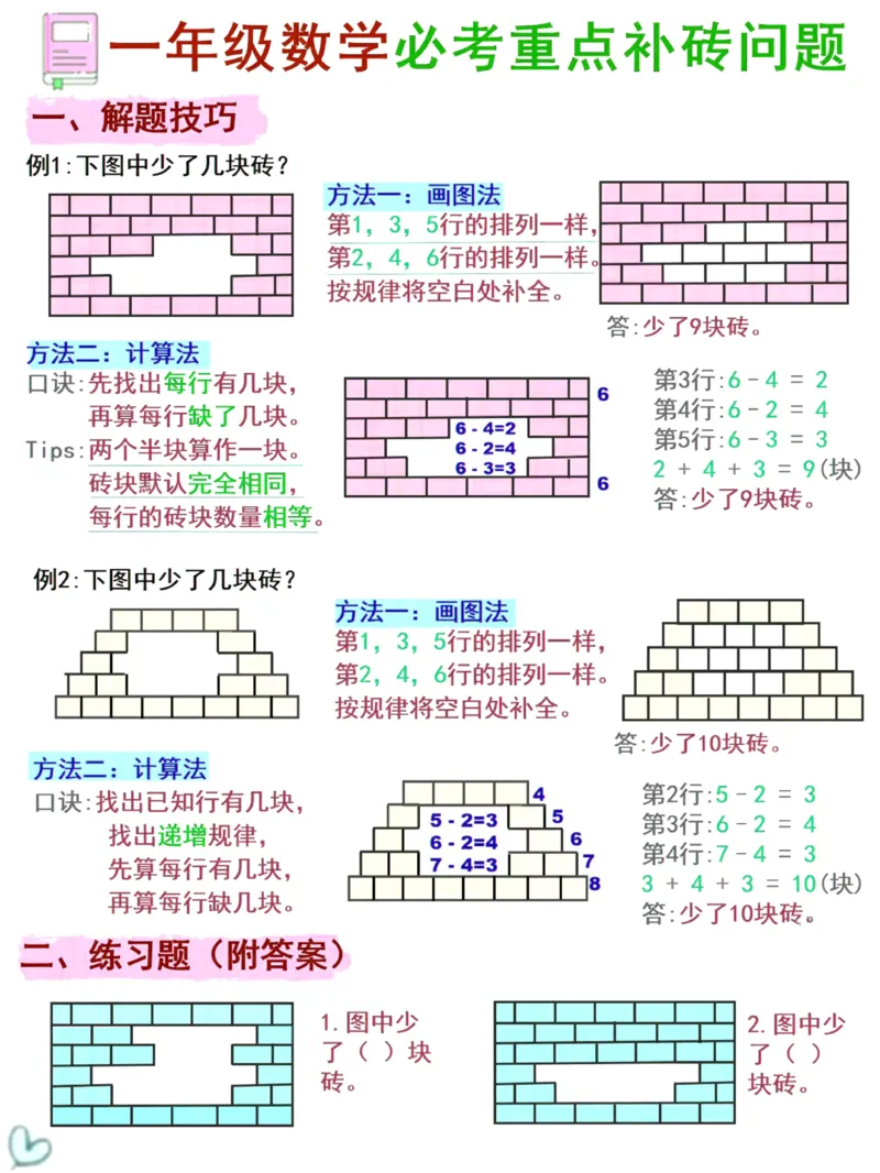 1062一年级下册数学《补砖砌墙问题》_一年级上下册资料_一年级下册小红书同款资料_一下数学_25年一下数学资料