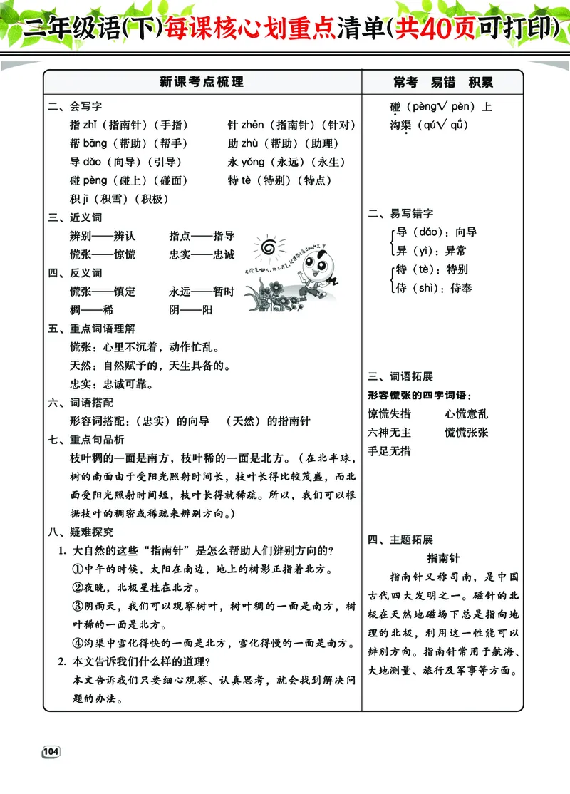 2.7-2年级语（下）每课核心划重点清单：共40页囊括所有的考点_二年级上下册资料_小学二年级学习资料-25年更新版_2-02、小学二年级语文下册_2-2-1、复习、知识点、归纳汇总