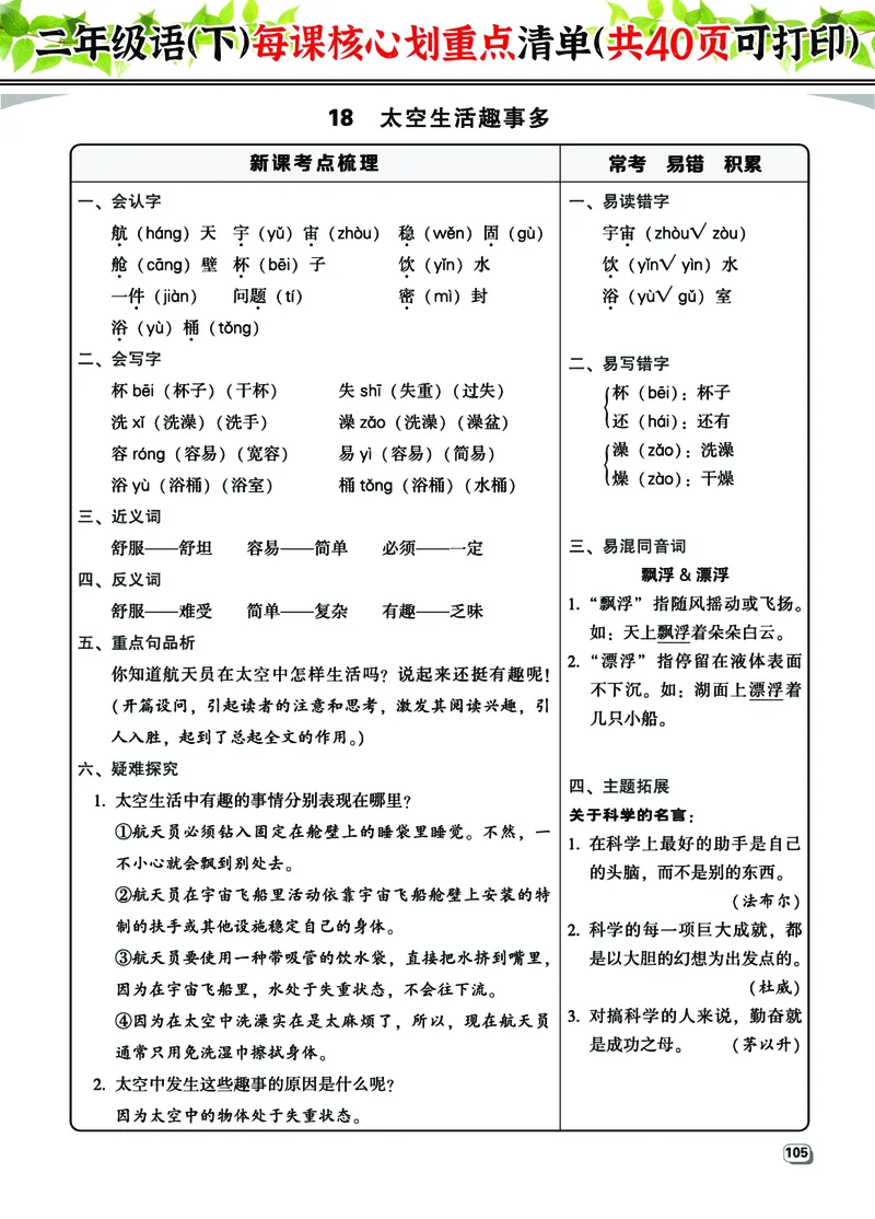 2.7-2年级语（下）每课核心划重点清单：共40页囊括所有的考点_二年级上下册资料_小学二年级学习资料-25年更新版_2-02、小学二年级语文下册_2-2-1、复习、知识点、归纳汇总