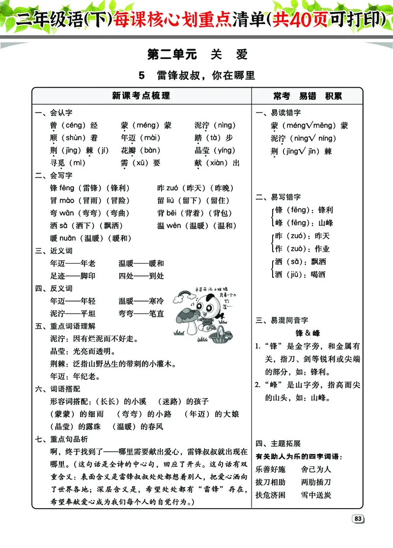 2.7-2年级语（下）每课核心划重点清单：共40页囊括所有的考点_二年级上下册资料_小学二年级学习资料-25年更新版_2-02、小学二年级语文下册_2-2-1、复习、知识点、归纳汇总