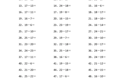 25以内减法第71~90篇_小学数学口算竖式脱式计算应用题一二三四五六年级上下册电_小学数学口算题库电子版（1-6）_小学数学口算一年级_口算题适合1年级(含答案）