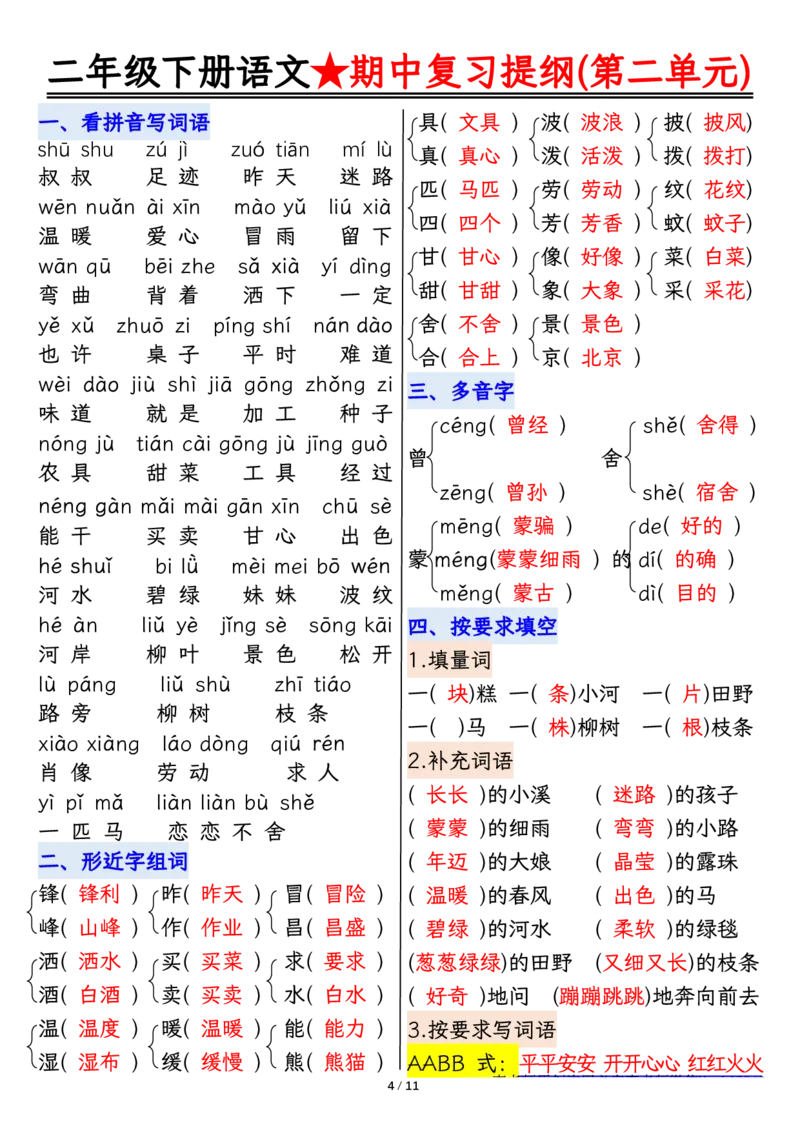 2112二下丨语文期中复习1-4单元复习提纲_二年级上下册资料_二年级下册小红书同款资料_二下语文_二下语文