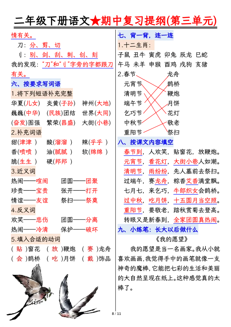 2112二下丨语文期中复习1-4单元复习提纲_二年级上下册资料_二年级下册小红书同款资料_二下语文_二下语文