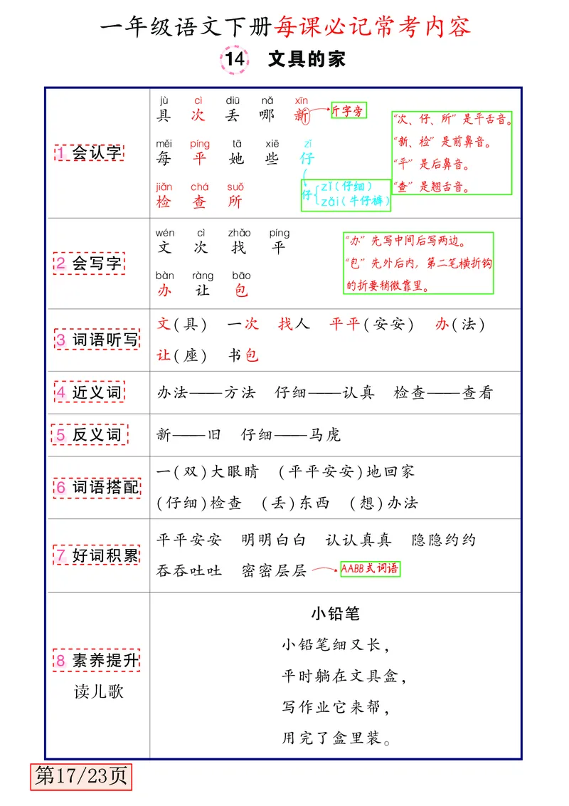3.3一年级语文下册每课必记常考内容_一年级上下册资料_小学一年级学习资料-25年更新版_1-02、小学一年级语文下册_3-6-2-1、复习、知识点、归纳汇总_部编（人教）版