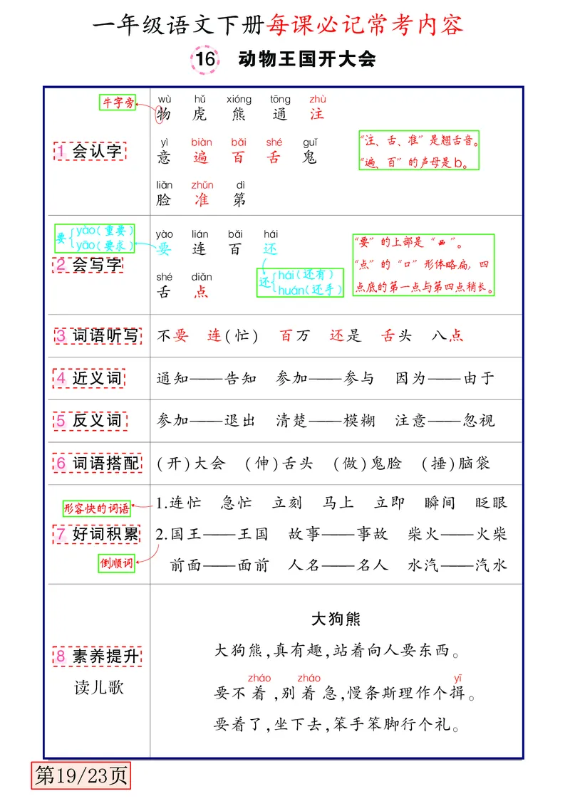 3.3一年级语文下册每课必记常考内容_一年级上下册资料_小学一年级学习资料-25年更新版_1-02、小学一年级语文下册_3-6-2-1、复习、知识点、归纳汇总_部编（人教）版