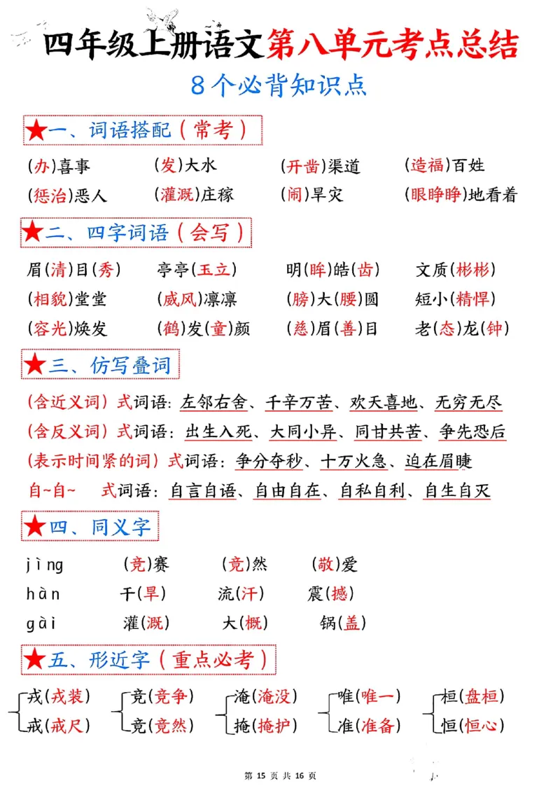 四上语文1-8单元考点总结（8个必背知识点）_小学全网线上同款资料_11号