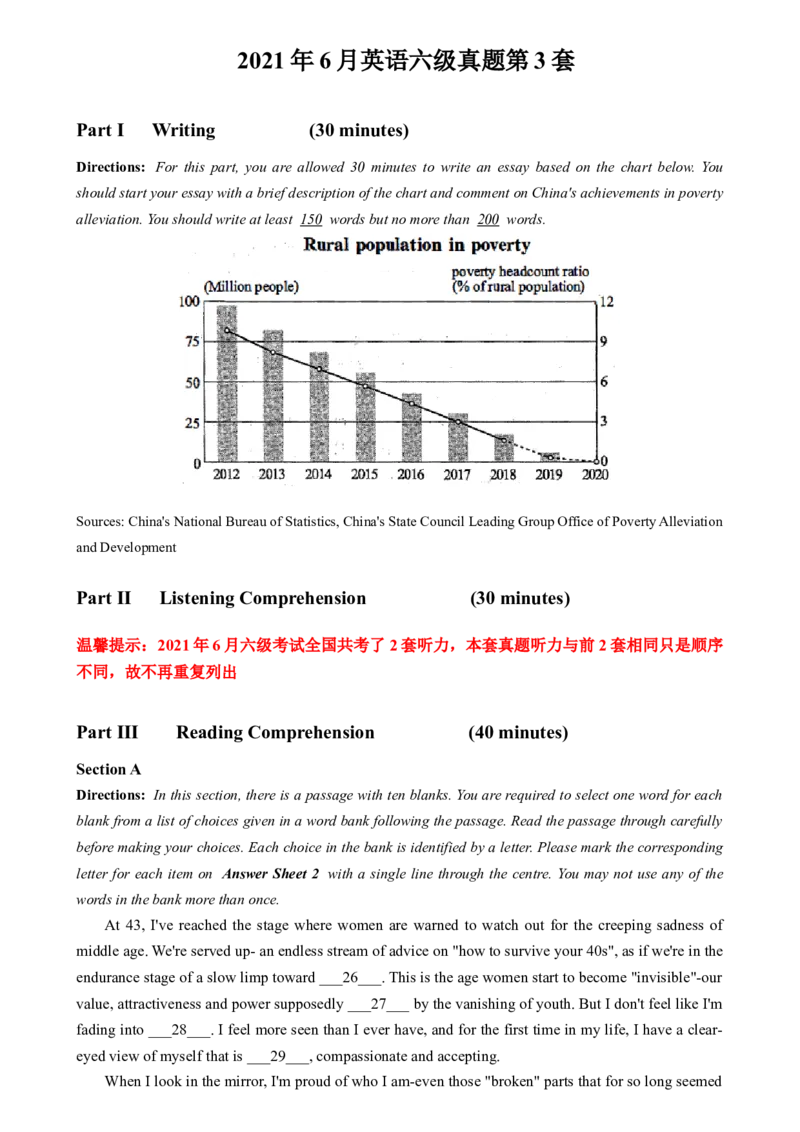 2021年6月英语六级真题第3套_大学英语四级+六级_六级真题_六级真题_2021年06月CET6题+解+音频_02、真题word版