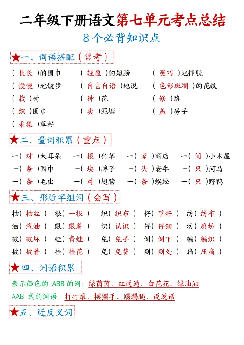 2037二（下）语文1一8单元期末必背考点汇总_二年级上下册资料_二年级下册小红书同款资料_二下语文_二下语文
