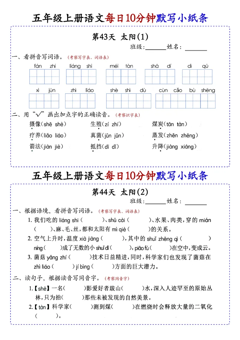 五上丨语文每日10分钟练习小纸条_小学全网线上同款资料_44号文件5上