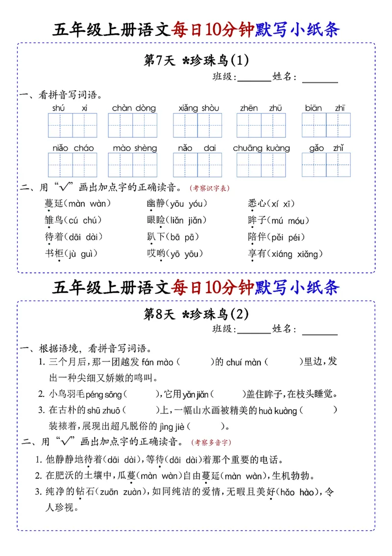 五上丨语文每日10分钟练习小纸条_小学全网线上同款资料_44号文件5上