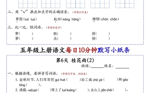 五上丨语文每日10分钟练习小纸条_小学全网线上同款资料_44号文件5上