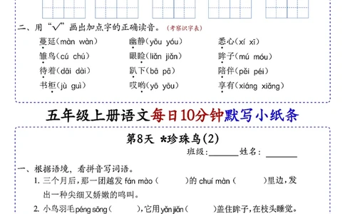 五上丨语文每日10分钟练习小纸条_小学全网线上同款资料_44号文件5上