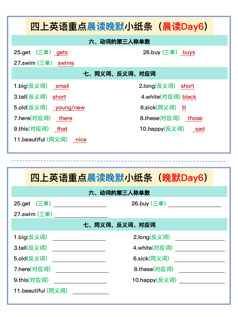 四上英语（通用版）重点晨读晚默小纸条_4年级小红书最新热门资料