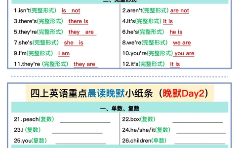 四上英语（通用版）重点晨读晚默小纸条_4年级小红书最新热门资料