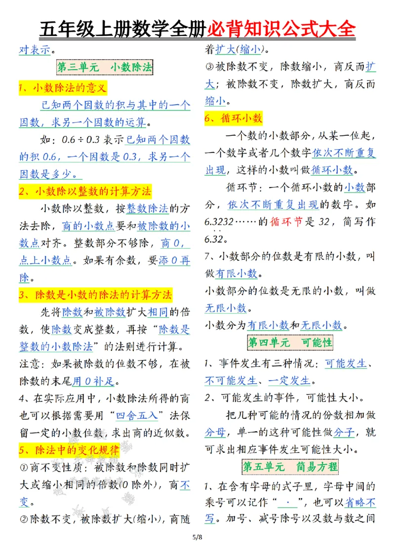 五年级（上）数学全册必背_小学全网线上同款资料_11号