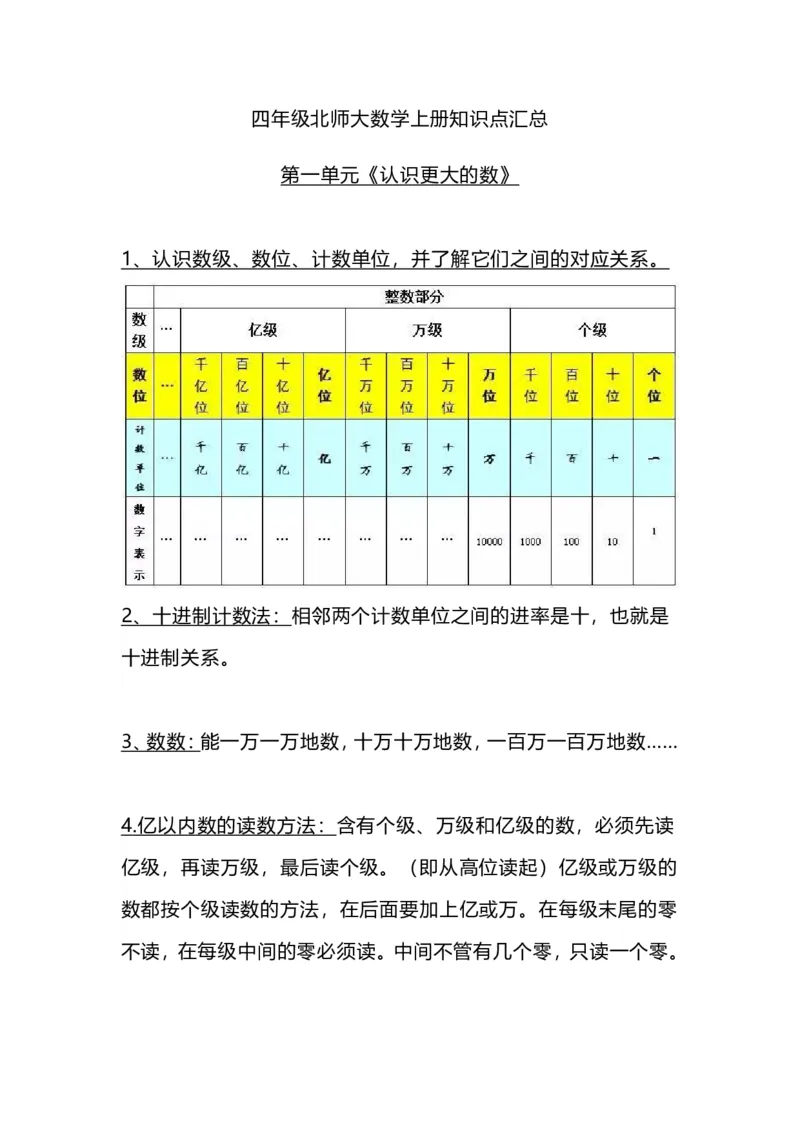 四(上）北师大数学重点知识点汇总_上册_四（上）数学重点知识点