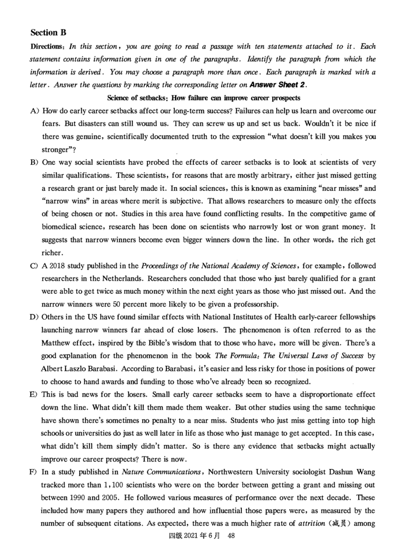 2021.06四级真题第3套_大学英语四级+六级_四级真题_四级真题_2021年06月CET4题+解+音频_01、真题PDF版（推荐打印）❤
