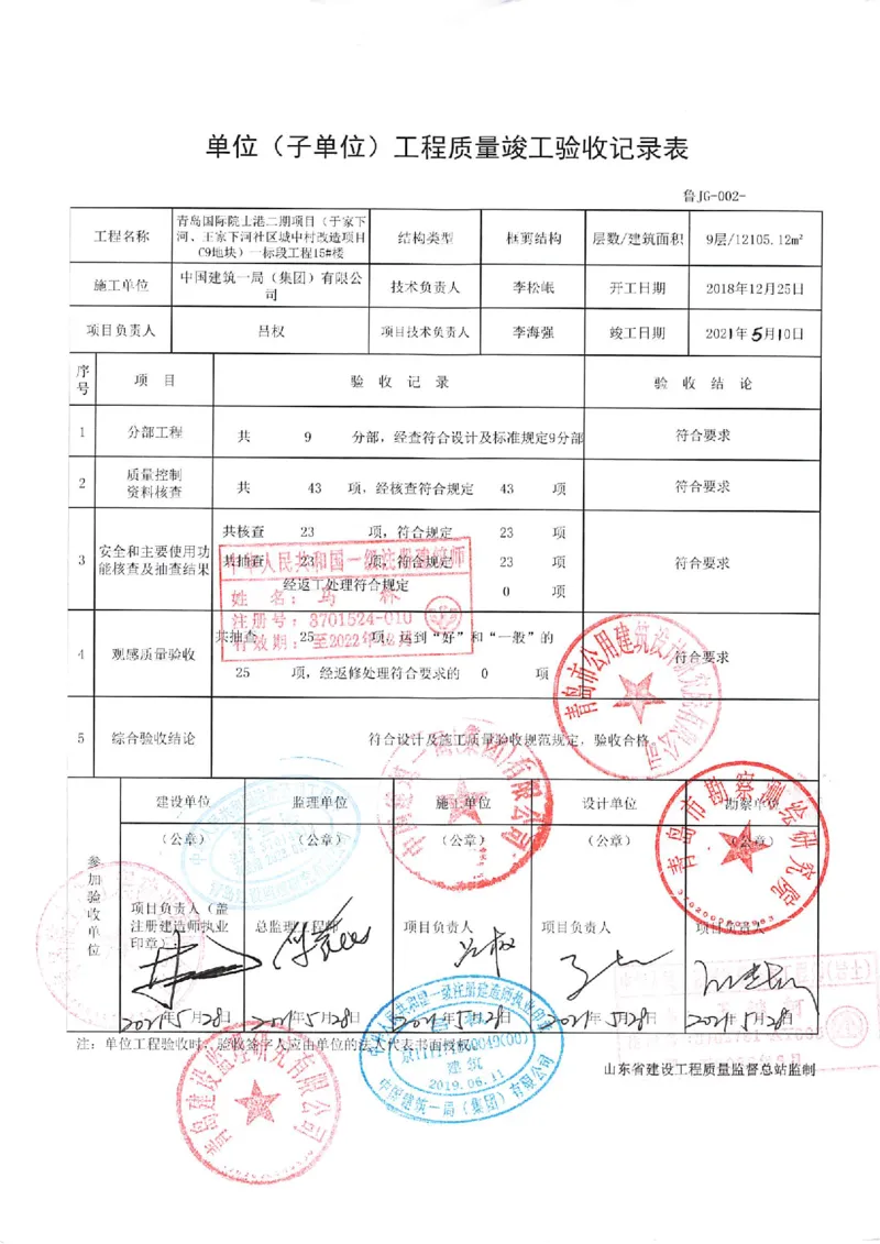20181225_单位（子单位）工程质量竣工验收记录表-15#_2021-2023年优秀施组方案_施工组织设计_施组02-青岛国际院士港二期项目一标段施工组织设计_2、质量竣工验收记录_单位