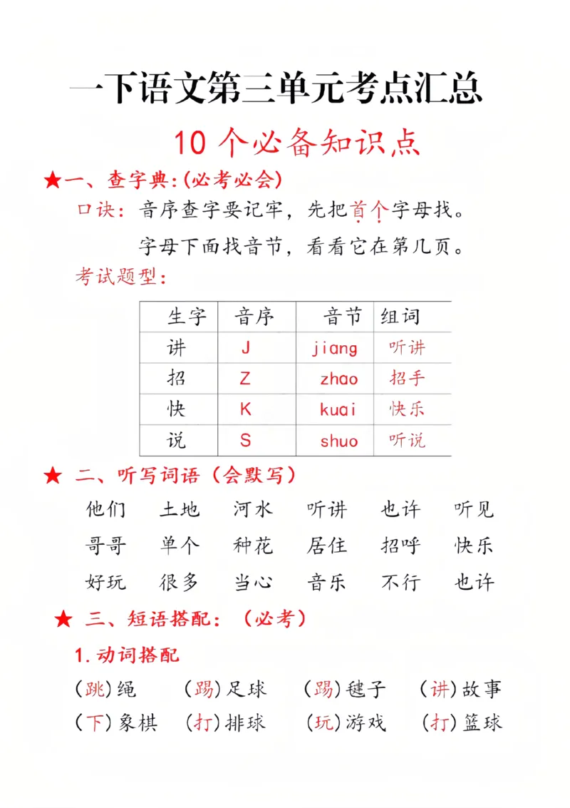 3.13_一年级下册语文第三单元10个必备知识点_一年级上下册资料_小学一年级学习资料-25年更新版_1-02、小学一年级语文下册_3-6-2-1、复习、知识点、归纳汇总_部编（人教）版
