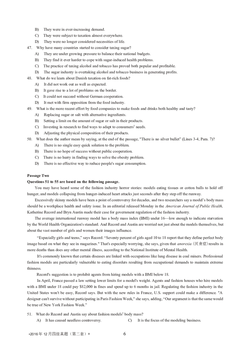 2016年12月大学英语4级（卷2）-可复制搜索_大学英语四级+六级_四级真题_四级真题_1990年-2018年真题资料合集_2016年12月CET4题+解+音频_02、真题word版