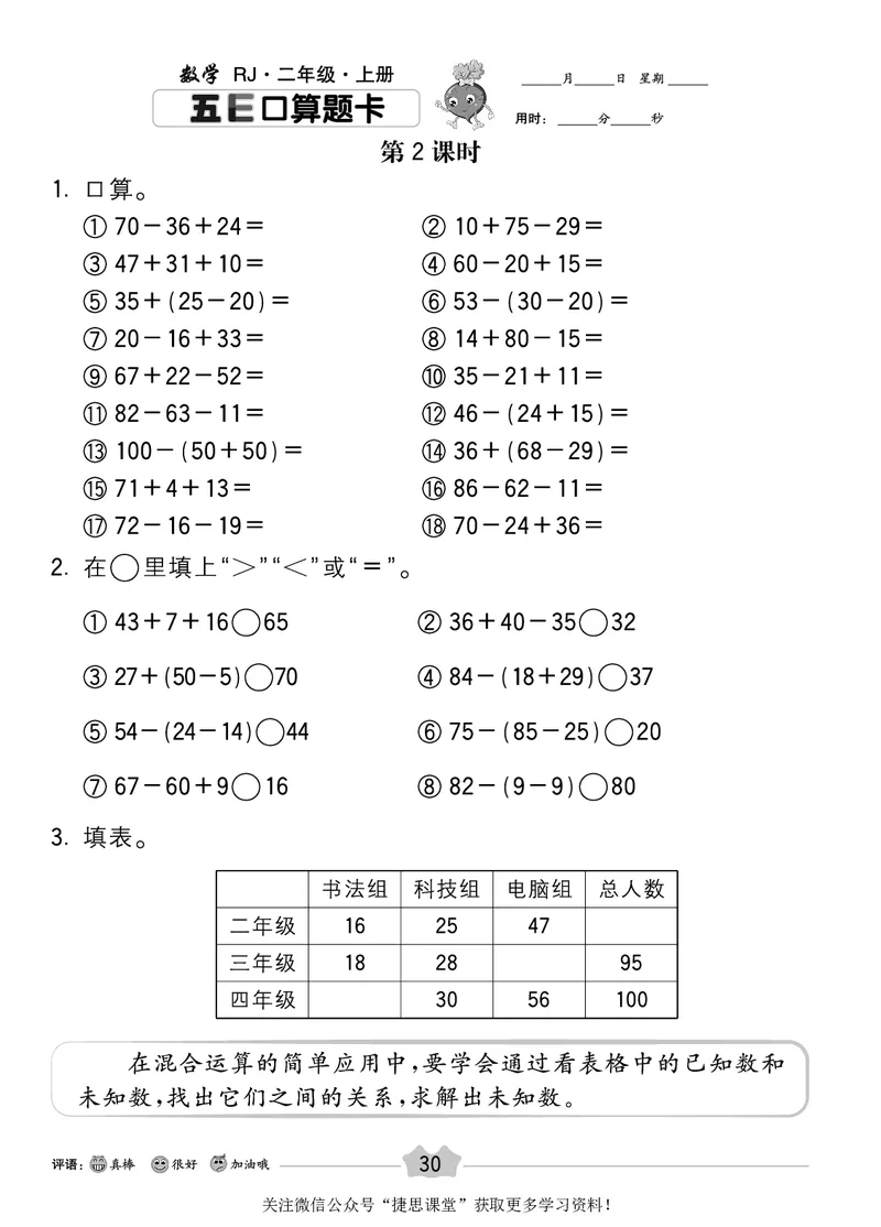 五E口算题卡二年级上册数学人教版_1~6年级全册五E口算题卡(1)_2年级五E口算题卡