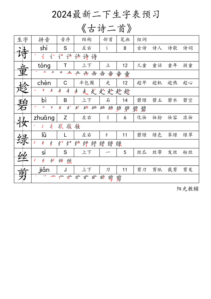 2024最新二下生字表《拼音音序结构部首笔画组词》_二年级上下册资料_小学二年级学习资料-25年更新版_2-02、小学二年级语文下册_2-2-2、练习题、作业、试题、试卷_专项练习