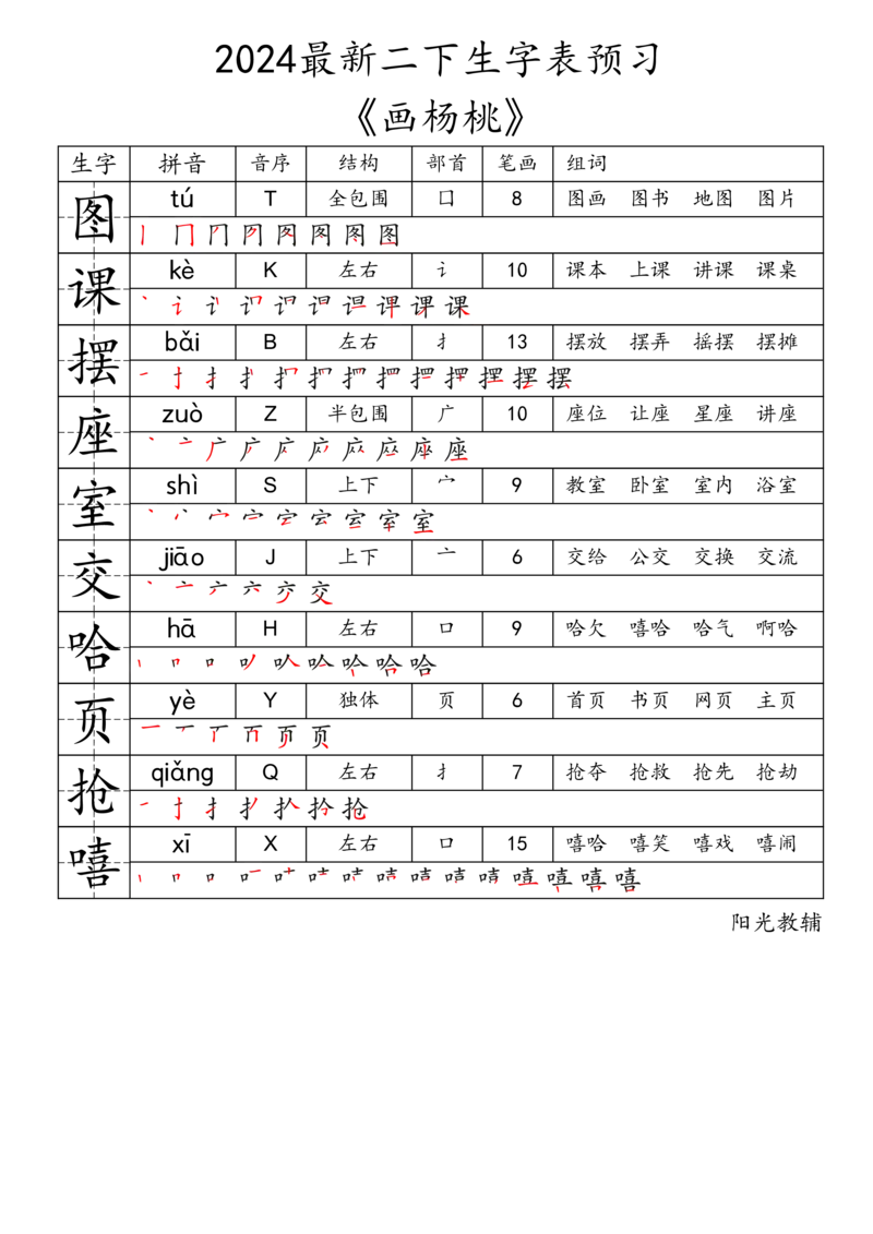 2024最新二下生字表《拼音音序结构部首笔画组词》_二年级上下册资料_小学二年级学习资料-25年更新版_2-02、小学二年级语文下册_2-2-2、练习题、作业、试题、试卷_专项练习