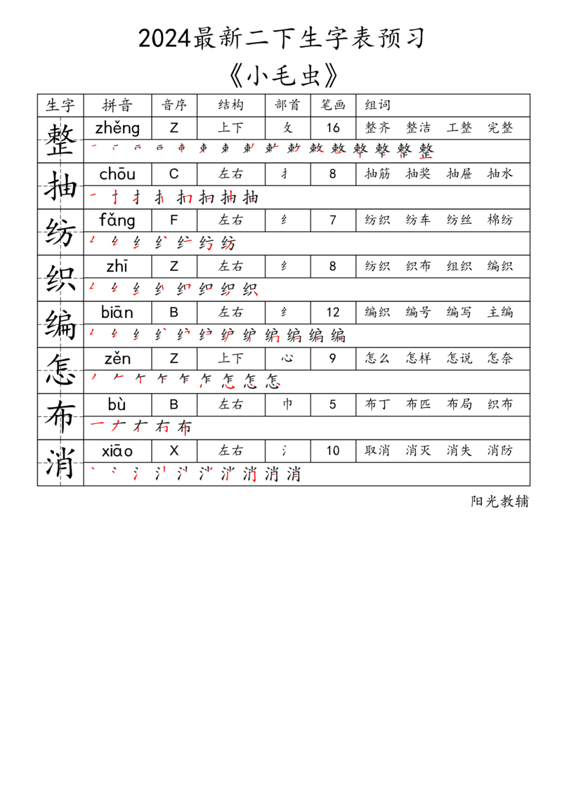 2024最新二下生字表《拼音音序结构部首笔画组词》_二年级上下册资料_小学二年级学习资料-25年更新版_2-02、小学二年级语文下册_2-2-2、练习题、作业、试题、试卷_专项练习
