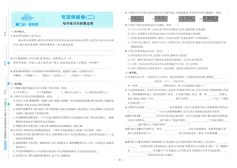试卷语文6上_25秋《阳光同学期末复习》_25秋《阳光同学期末复习》语文1-6_25秋阳光同学期末复习15天冲刺100分人教语文6上