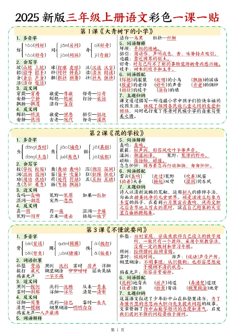 25新三上语文彩色一课一贴（9页）_25秋语文1-6课课贴