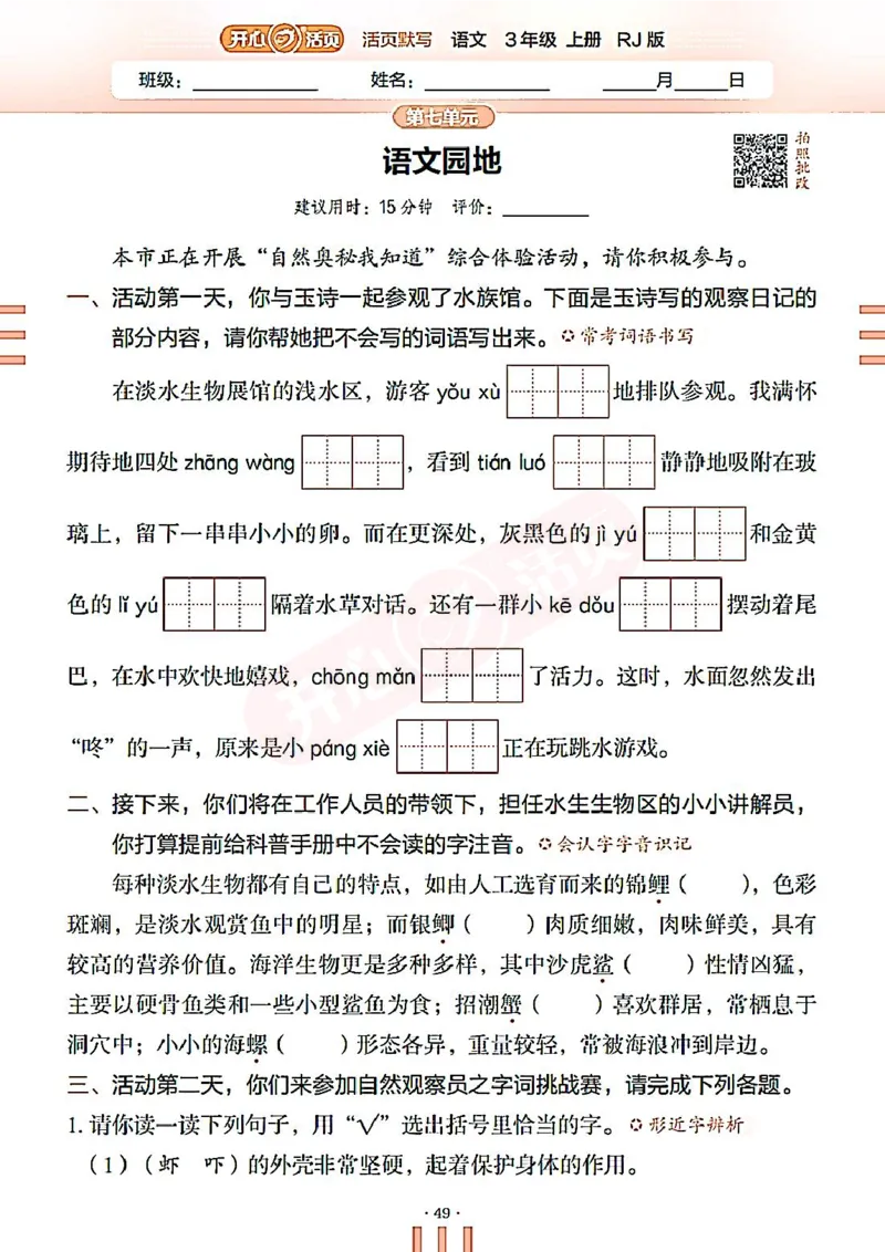 小学语文《开心活页默写》3年级上册（25秋）