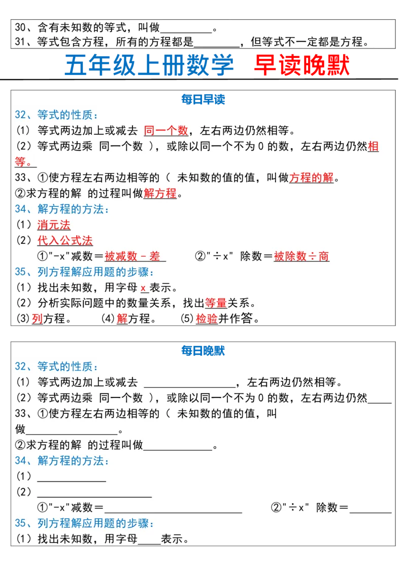 五上数学&mdash;早读晚默_五上数学25秋