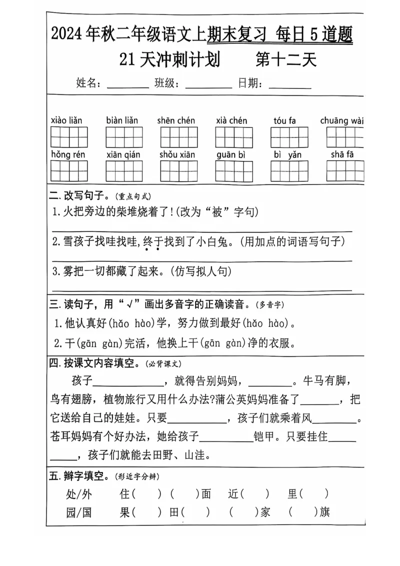 2024+秋二年级语文上册期末复习每日+5+题（21+天期末冲刺计划）_二年级上下册资料_二年级上册小红书同款资料_二年级