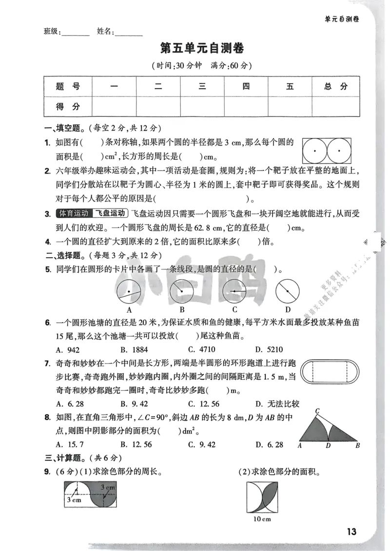 数学RJ6年级上册：单元自测卷_2026版小白鸥6年级上人教数学情景题
