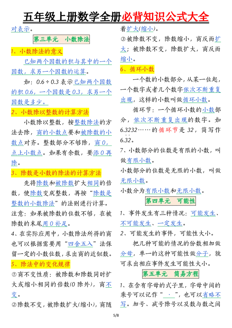 五上数学全册必背知识公式大全_5年级小红书最新热门资料