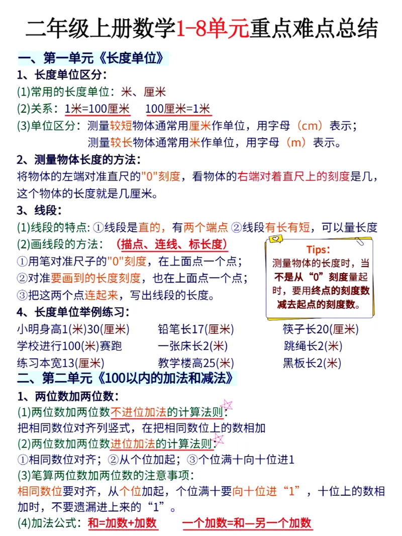 二年级上册数学1-8单元重点难点总结_二上数学25秋