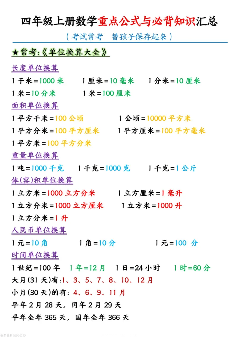四年级（上）数学重点公式与必背知识汇总_🍎⭐️期中知识汇总人教25年上册