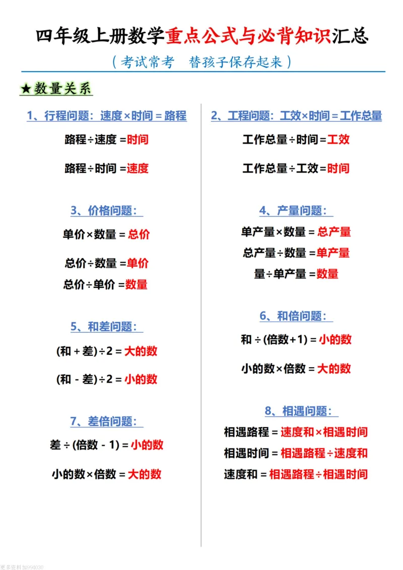 四年级（上）数学重点公式与必背知识汇总_🍎⭐️期中知识汇总人教25年上册
