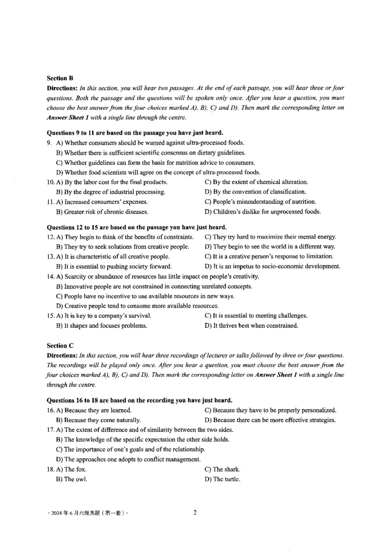 2024年6月六级第一套原题_大学英语四级+六级_六级真题_六级真题_2024年06月CET6题+解+音频_2024年6月六级真题-原题_扫描版（打印推荐）