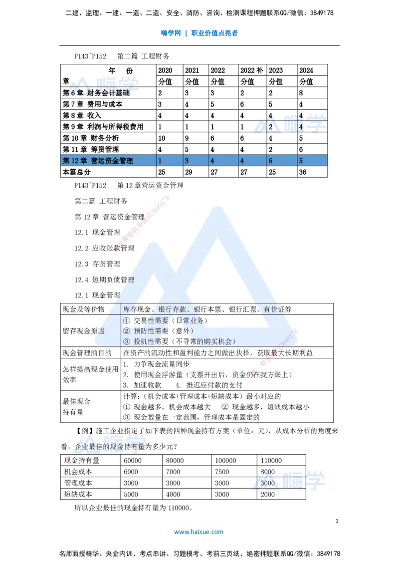13.2025王晓波-考前拔分速成-第12章运营资金管理_2026年一级建造师_2026年一建经济_2025年一建经济SVIP_04-冲刺串讲✿考点强化✿小灶集训_14-经济《考前拔分速成》王晓波HX_讲义