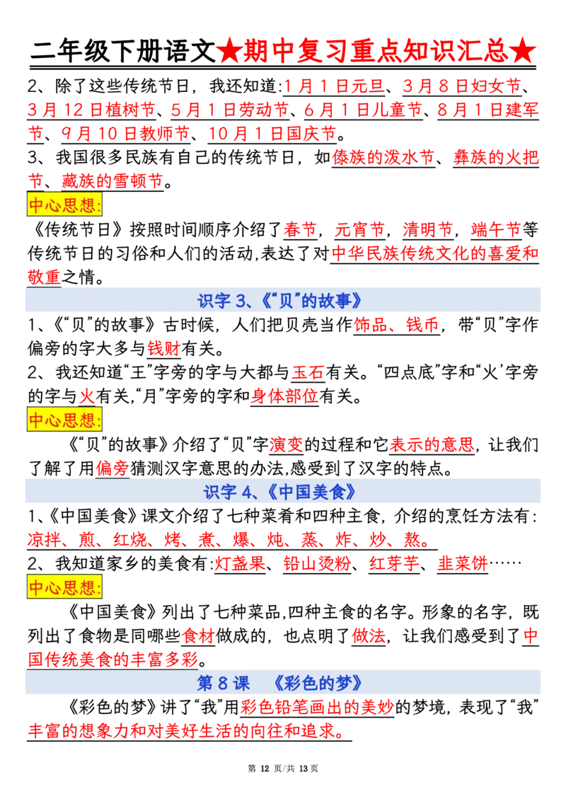 2127二年级下册语文期中重点知识汇总_二年级上下册资料_二年级下册小红书同款资料_二下语文_二下语文