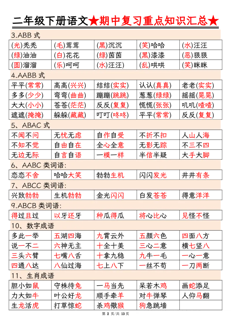 2127二年级下册语文期中重点知识汇总_二年级上下册资料_二年级下册小红书同款资料_二下语文_二下语文